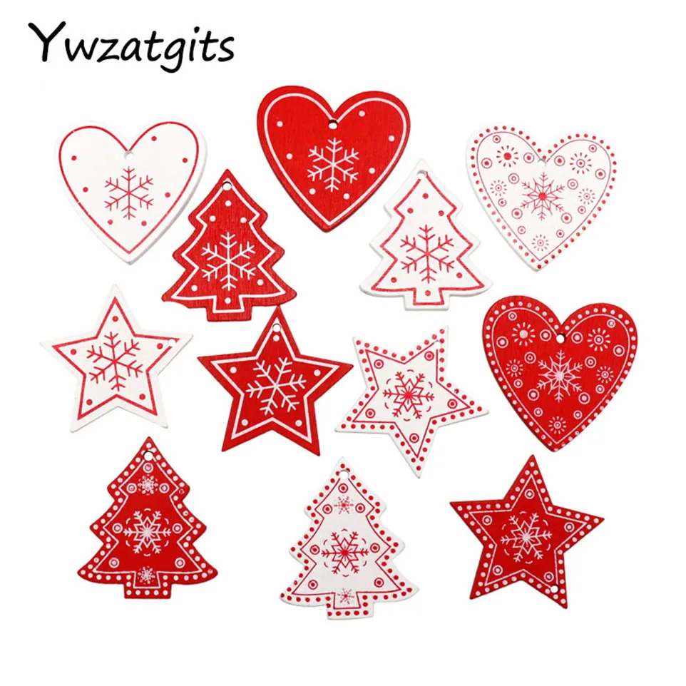 

10pcs/12pcs/lot 5cm Wooden Ornaments Heart Tree Star Christmas Pendant Hanging Gifts Home Shop Xmas Tree Decorations YE1308