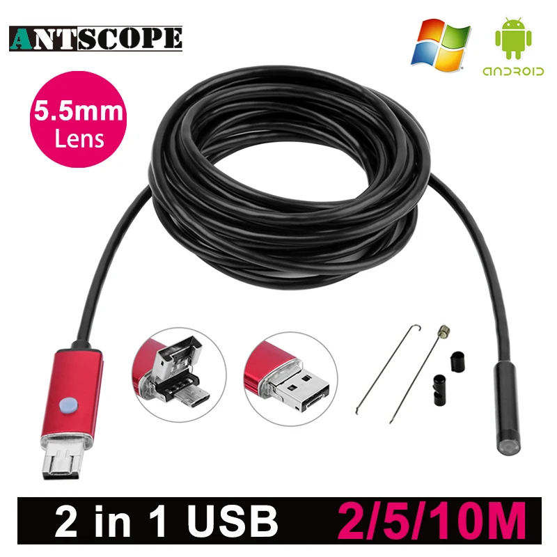 

2 in 1 USB Endoscope Android Camera 5.5mm Red PC Borescope 2m 5m 10m Snake Pipe Inspection Endoscopic Camera for Android Phone