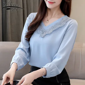 

Chiffon blouse shirt new fashion women's fashion blue color V-neck tops lace womens tops and blouse elegant blousa shirt 1186 40