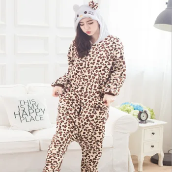 

ANIMALCARTOON 2019 LeopardKT Flannel Autumn and winter Cosplay Cartoon animals Pajamas for women adult Hooded Pajama sets Onesie