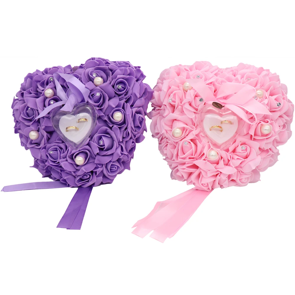 

Wedding heart shape ring pillow with Rose Flowers Bowknot Ribbons Rhinetone Pearl Engagement decoration ring pillow supplies