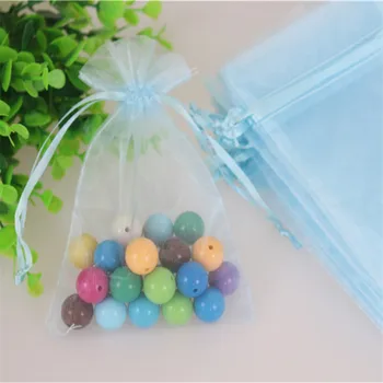 

Wholesale 100pcs/lot 9*12cm Light Blue Jewelry Drawstring Bags Custom Print Logo Tulle Christmas Organza Gift Pouches