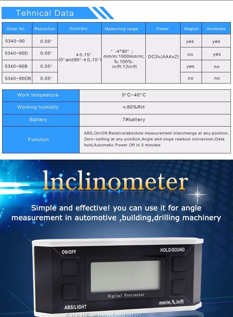Цифровой транспортир электронный транспортир Инклинометр с магнитом освещает уровень угол датчик уровня коробка Инклинометр 5340-90