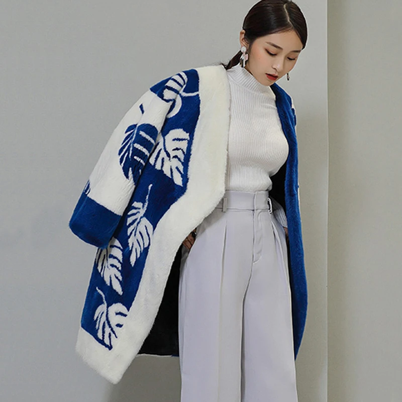  M.Y.FANSTY 2017 Winter Women's Mink Coat Natural Fur Real Fur 3D Print Geometric Patchwork Coat Lon