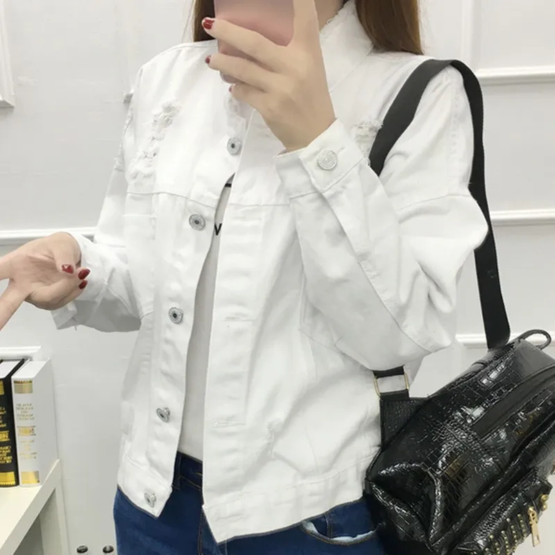 

BZBFSKY Harajuku White Jeans Coats for Women Single-breasted Ripped Denim Jackets Female Long Sleeve Casacos Abrigos Mujer