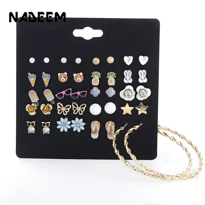 

Women Mix 20Pairs/Set Week Circle Earring Sets Imitation Pearl Flowers,Star,Owl,Bear,Slipper,Heart,Butterfly Stud Earring Sets