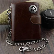 Винтажный Мужской кошелек из натуральной кожи с тремя сложениями, кошелек с металлической цепочкой для ключей, кофейный/черный