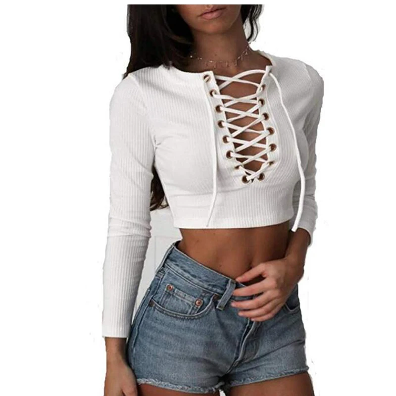 

New Women V Neck Sexy Long Sleeve Tops Ruched Lace Up Front Crop Top Casual Tee Shirt Black Winter Shirts Women