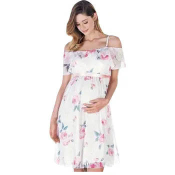 

Womens Mother Floral Falbala Pregnant Off Shoulder Dress For Maternity Clothes F4