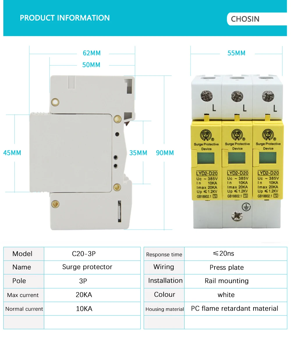 Защита от перенапряжения C20-3P 10ka~ 20ka 275 V 385 V 420 V Ac Spd House защитное Низковольтное предохранительное устройство 2 P+ N защита от молнии