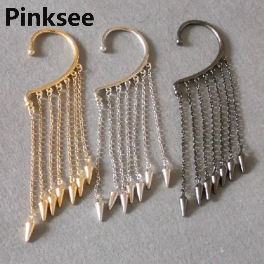 Personality Hanging Single Spike Tassel Ear Cuff Punk Rivet Chain Earrings Beauty Brincos Fashion Jewelry