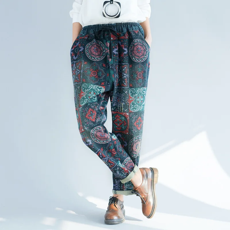 Women Retro Spring Elastic Waist Pattern Print Pants