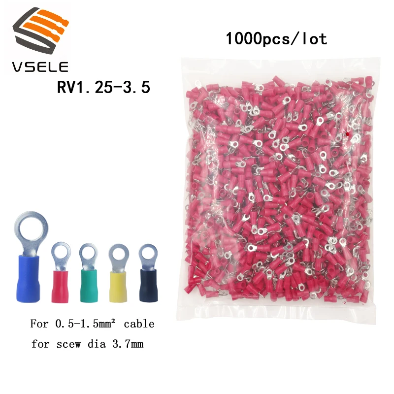 

VSELE 1000PCS/pack ring crimp insulation terminal RV1.25-3.5 for 0.5-1.5mm2 wire cable for scew dia 3.7mm connector