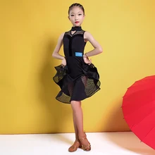 Хлопковое цельнокроеное платье без рукавов с воротником под горло для латинских танцев для маленьких девочек/детей бальный костюм Одежда для выступлений G3229