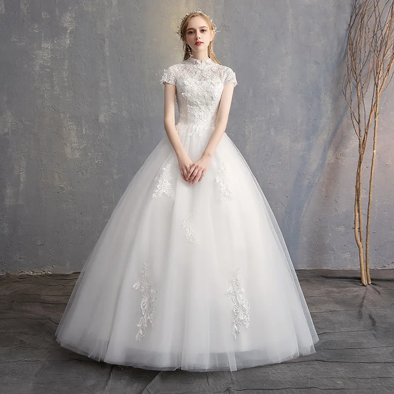 

Do Dower New Simple Vintage High Neck Wedding Dress Sexy Lace Hollow Slim Ball Gown Floor Length Wedding Gown Robe De Mariee L