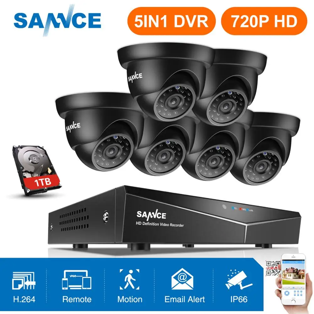 SANNCE 8CH 720P CCTV System HD 1080P DVR Kit 6PCS 1.0MP Security Cameras IR night waterproof Surveillance | Безопасность и защита