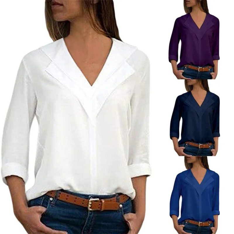 

Women blouses solid long sleeve girl shirts Fashion Chiffon Solid Shirt Office Ladies Plain Roll Sleeve lady Blouse Tops