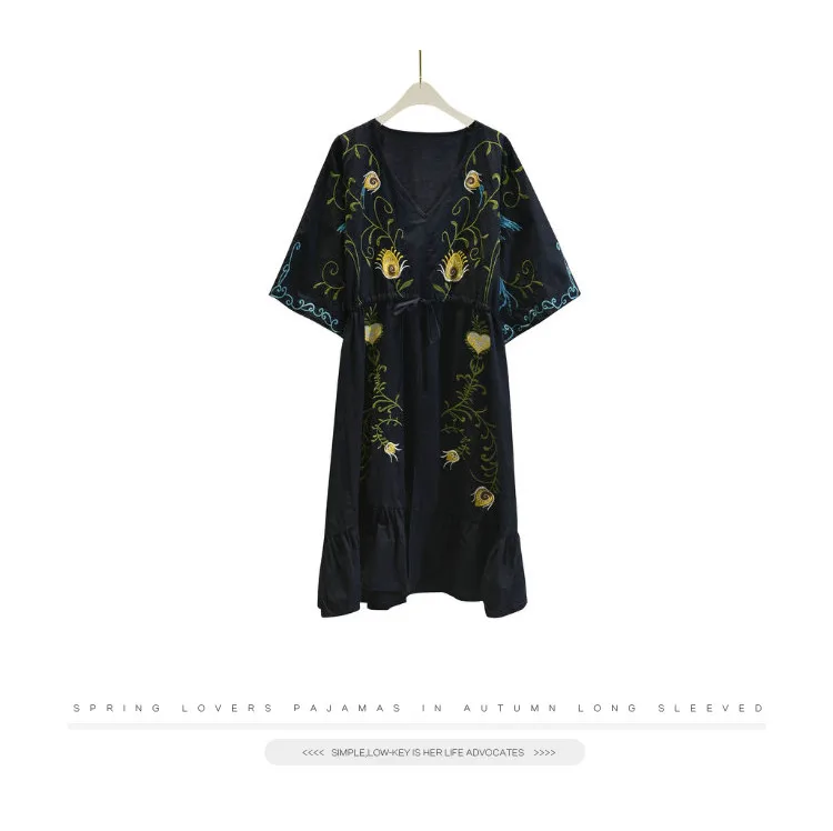 Весеннее Новое богемное платье с цветочной вышивкой в стиле ретро, свободное платье с широкими рукавами - Цвет: Черный