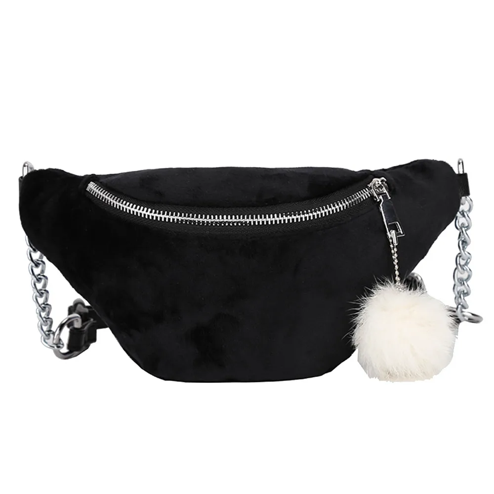 Женская модная нагрудная сумка, поясная сумка, нейтральная Спортивная плюшевая поясная сумка с помпоном, дорожные нагрудные сумки, bolsa feminina - Цвет: Black