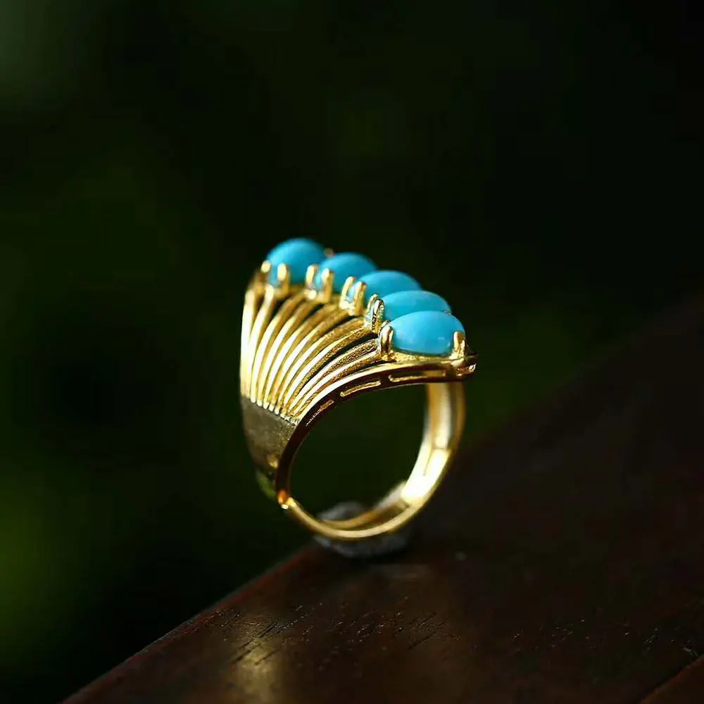 

RADHORSE 925 Silver Rings for Women Fine Jewelry Turquoise Peacock tail Modeling Sterling Silver Ring Adjustable Gold plated