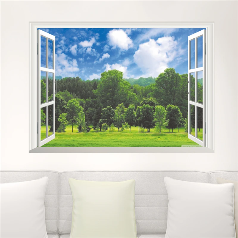 

Forest Tree Mountain Sea 3D Wall Sticker Removable Window View Landscape Wallpaper Living Room Poster Decorative Home Decor