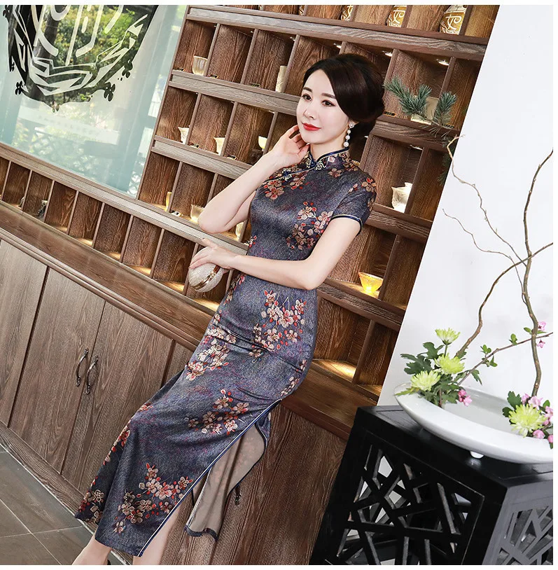 SHENG COCO женские элегантные платья Китайский Cheongsam длинное атласное платье Банкетный Ципао с цветами китайские платья Qipao Женская Роба в