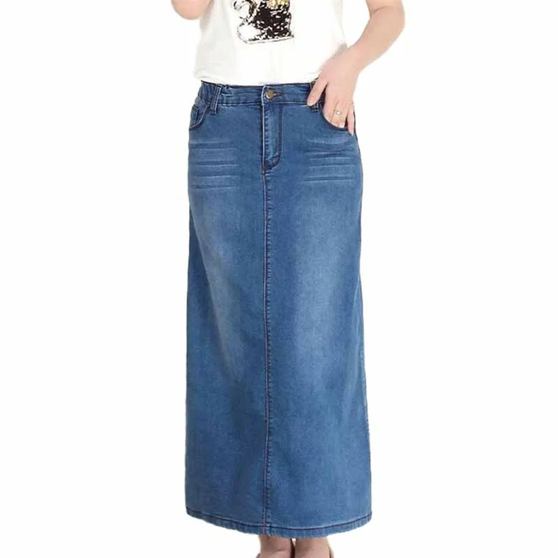 

2019 New Fashion Large size High waist Elasticity Denim Skirt Women Summer X-long Jeans skirts Female Casual A-line Skirts G454