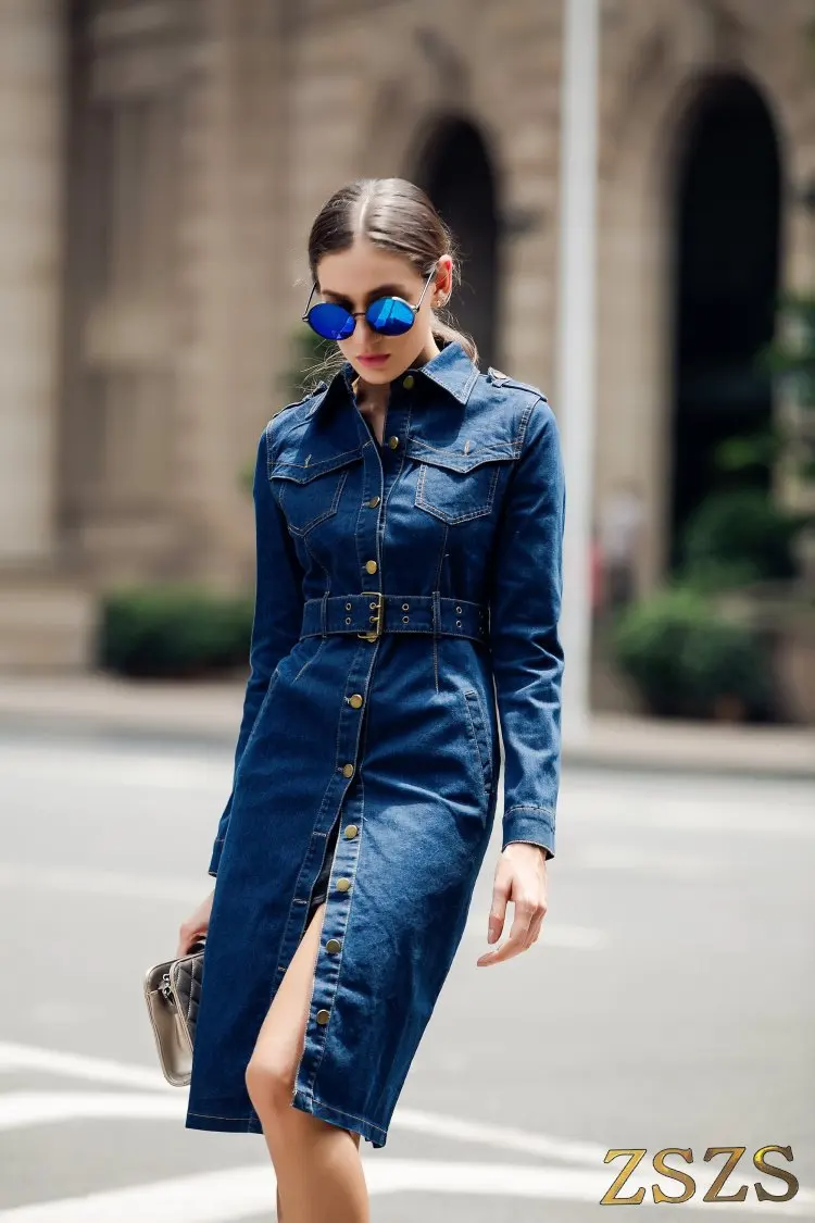 

Spring Autumn ladies vintage full sleeves long denim dress plus size