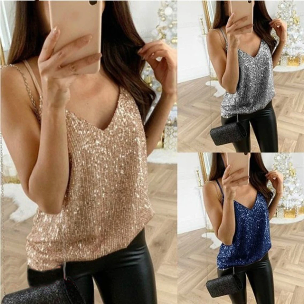 

CALOFE NEW Summer 2019 Sequined Patch Shiny Camis Women Party Tank Top Sexy Club Sleeveless Vest Shirt Tops Haut Femme
