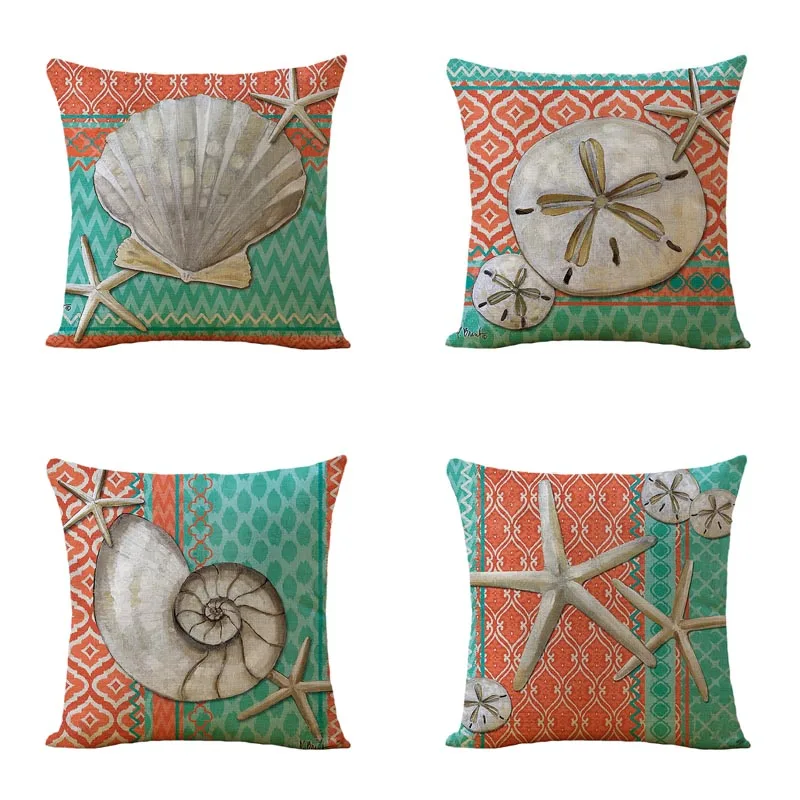 4 pcs lot Linen Blend Marine Sea Shell Pattern Throw Cushion Cover for Couch Capa De Almofada Bedding Ocean Decoration | Дом и сад