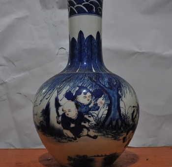 

Marked Old China Blue&White Porcelain lucky Boy lad Statue bottle jar pot VaseA