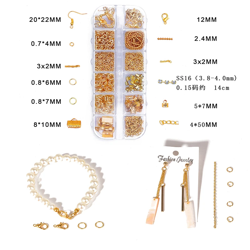 

NEW 1 Box 12 Grid Gold Plated Jump Ring Ball Chain Clasp Earring Hook Chain Box For DIY Earring Making Jewelry Accessories