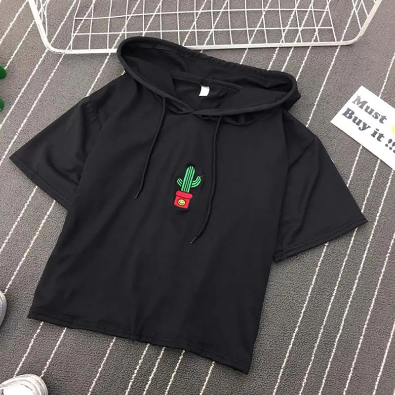 

Fashion Harajuku Women Hoodie T-shirt Cactus Print Black White T Shirt Summer Short Sleeve Casual Top Tee