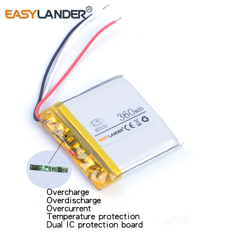 3 wire 453030 3 7v 360mah rechargeable li polymer li ion battery for