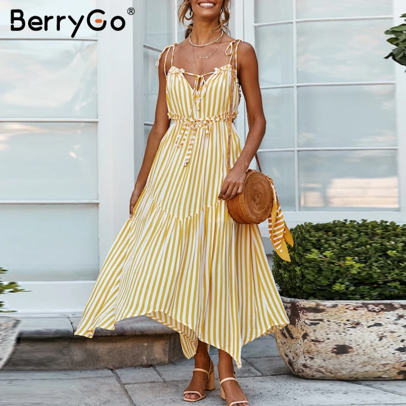 

BerryGo linen dresses striped women midi dress Sexy spaghetti strap female summer sundress Elegant sashes ladies long dress