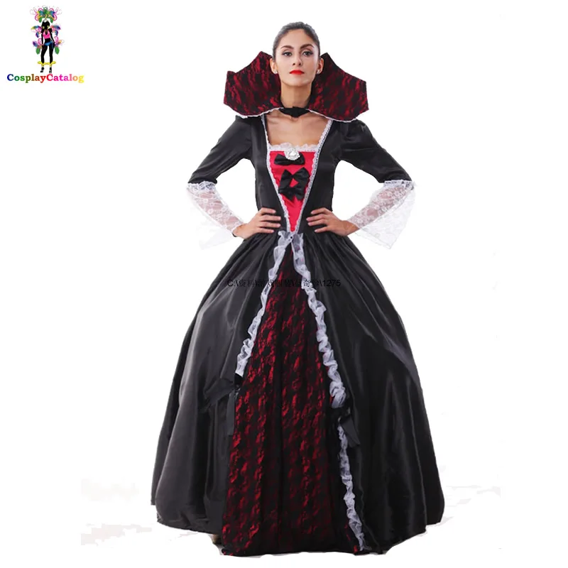 

Deluxe Victorian Vampire Costume For Adult Women Gothic Black Ghost Bride Dresses Party Female Blood Countess Disguise Costumes