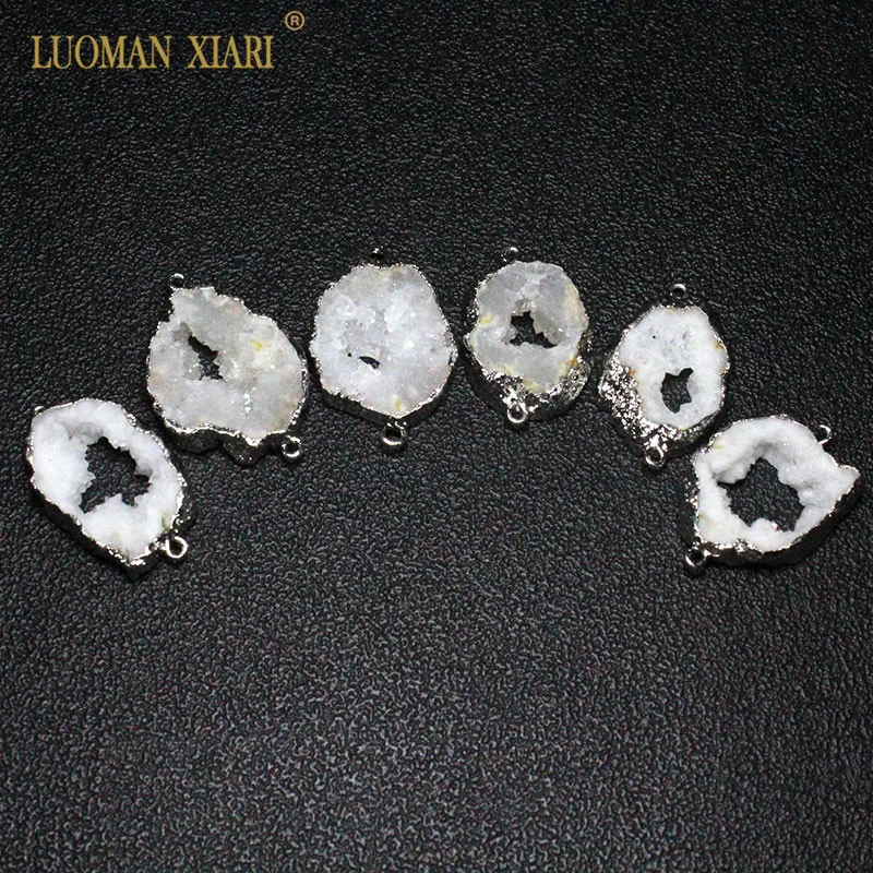 Wholesale 2 Circle Natural Unique Drusy Crystal silvery Plated Geode Stone Pendant DIY Necklace Earring For Jewelry Making