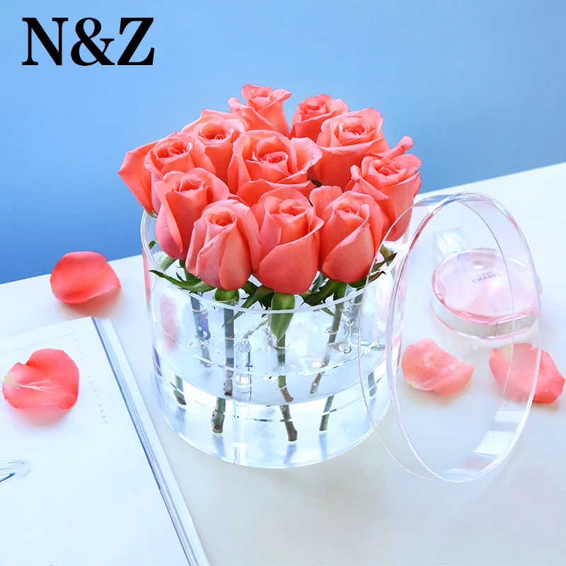 

NZ New Listing Round Handmade 9/11 Holes Clear Plastic Gift Acrylic Jewelry Display Rose Flower Box With Lid