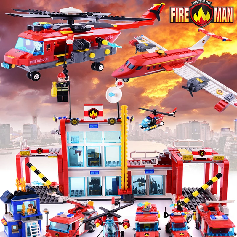 

Fire Station Sets Toys Compatible City Building Blocks Fighting Police Figures Rescue Truck Helicopter Vehicle Bricks