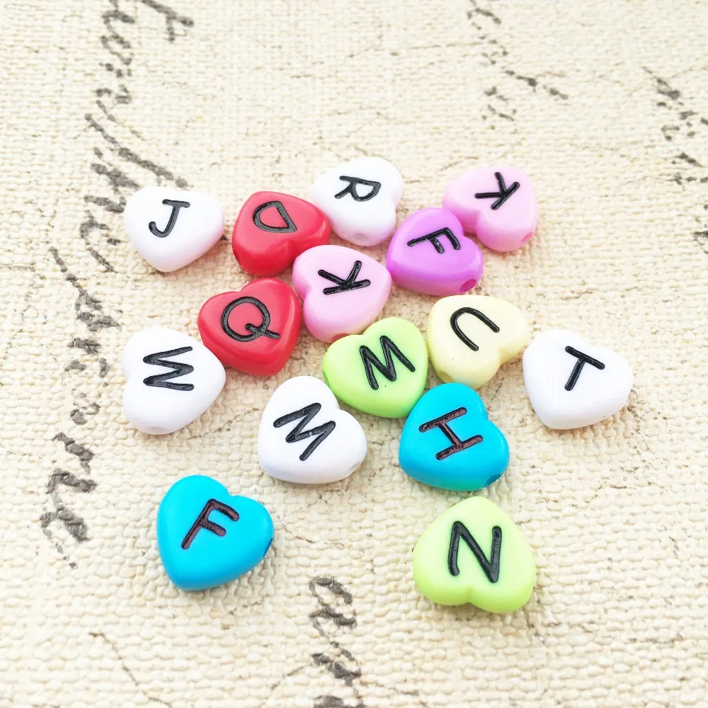 

New Arrival 1300pcs 4*11mm Assorted Colors Mixed A-Z Lovely Heart Alphabet Beads Plastic English Charater Letters Spacer Beading