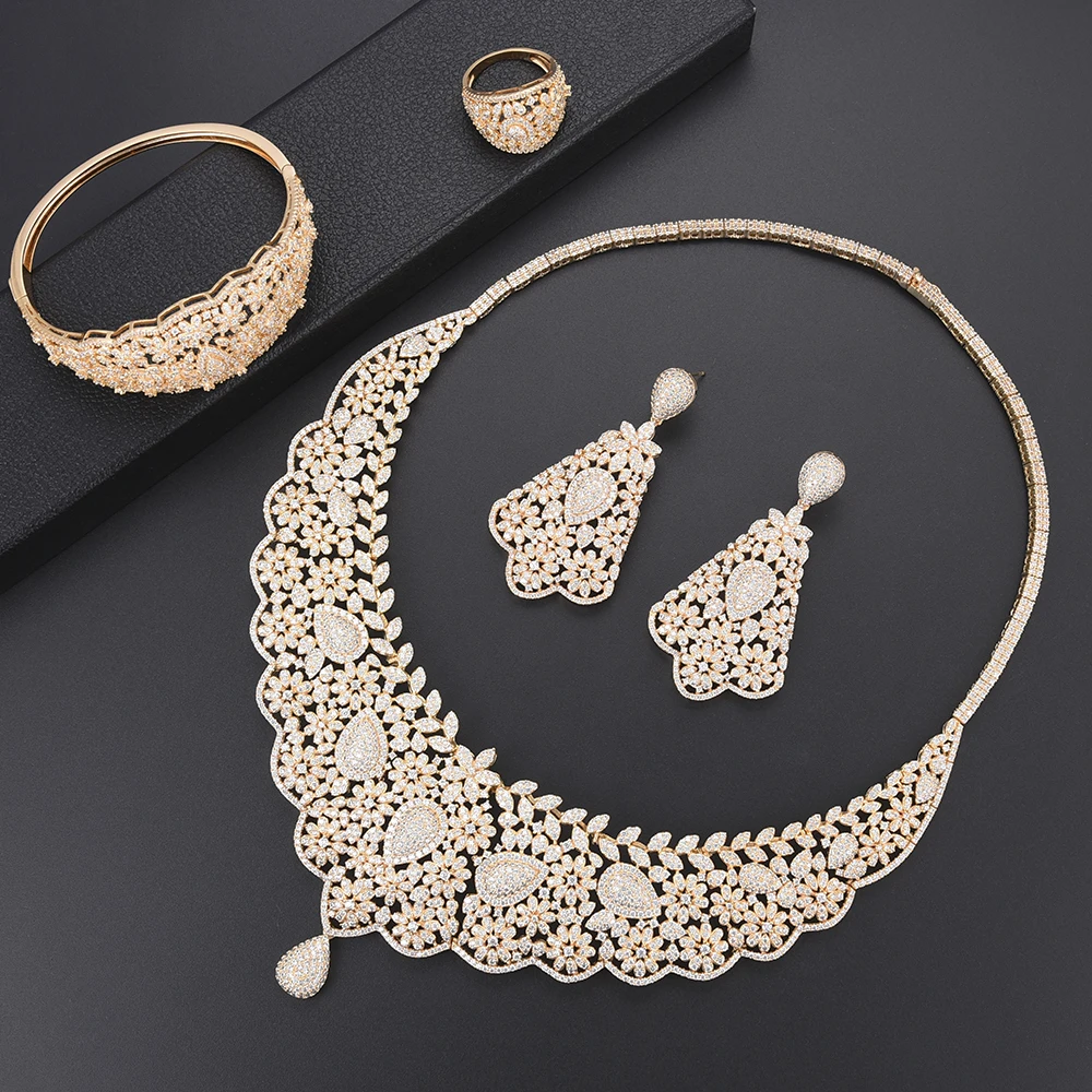 

missvikki Vintage Full Crystal Gold Necklace Earrings Bangle Bridal Wedding Anniversary Rings for Women Prom Party Stage Show