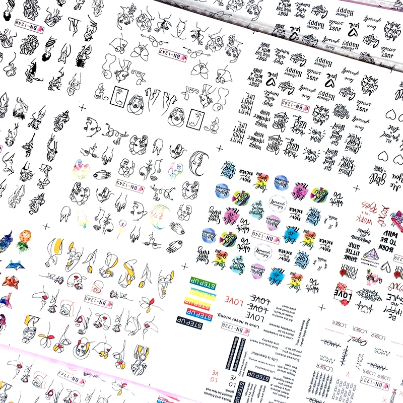 12 видов наклеек для дизайна ногтей, черные Мультяшные наклейки, рисунок, женские буквы, Водные Переводные Слайдеры для ногтей, маникюрные BN1237-1248