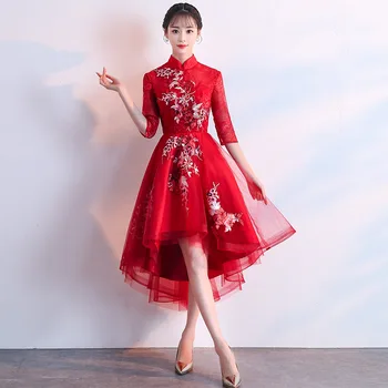 

Embroidery Floral Lady Vintage Qipao Red Chinese Bride Bridesmaid Wedding Dress Elegant Slim Mandarin Collar Cheongsam XS-XXL