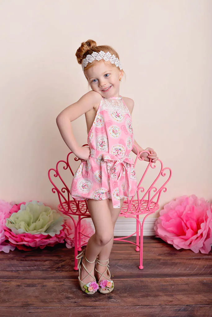 Little Girl Bubble Short Romper with Lace Detail Back Floral Romper