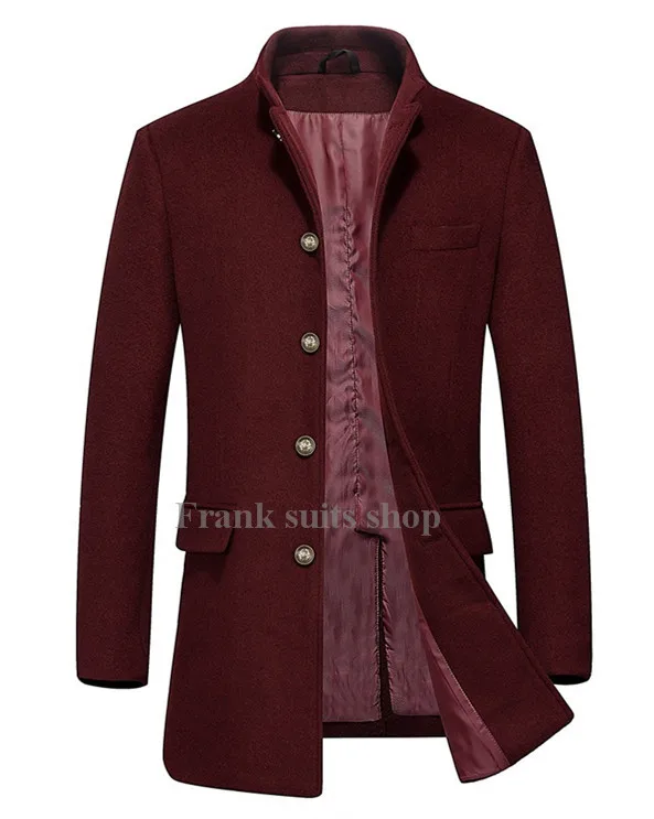 Custom made 2017 Wool Blends Single Breasted Red Winter Wool Overcoat Men Stand Collar Slim Long