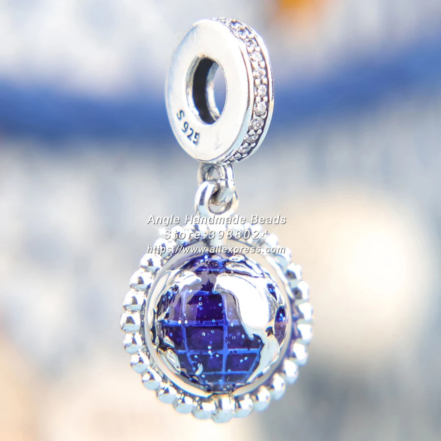 

2019 Summer Release Sterling Silver Spinning Globe Dangle Charm With Enamel & Clear CZ Fits All DIY European Bracelets Necklaces