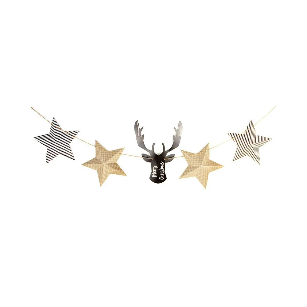 

Christmas Banner 3D Star and Reindeer Head with Striped and Dotted Paper Garland Animal Antler Home Decorations