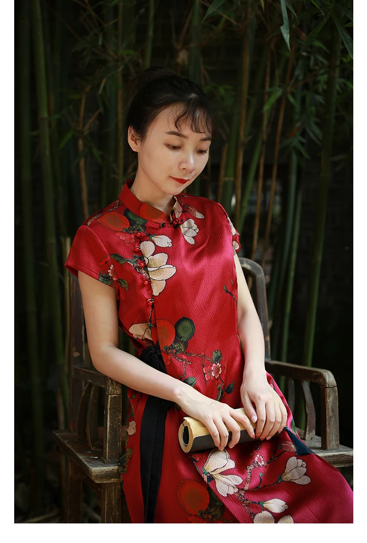 LZJN High Quality Summer 100% Real Silk Print Dress Split Qipao Chinese Style Long Cheongsam Slim Classic Women's Dress Custom (14)