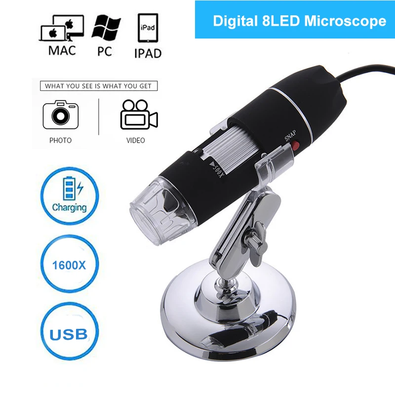 

2MP USB Digital Microscope 1600X Endoscope Zoom Camera Magnifier+Stand Device 8 LED Microscopio Endoscope Camera Waterproof