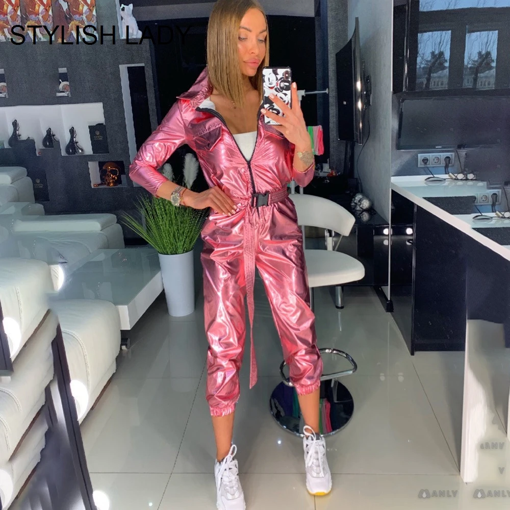 

STYLISH LADY Silver Pink Bodycon Hooded Rompers and Jumpsuits 2019 Women Long Sleeve Front Zipper Shiny Club Party Streetwear